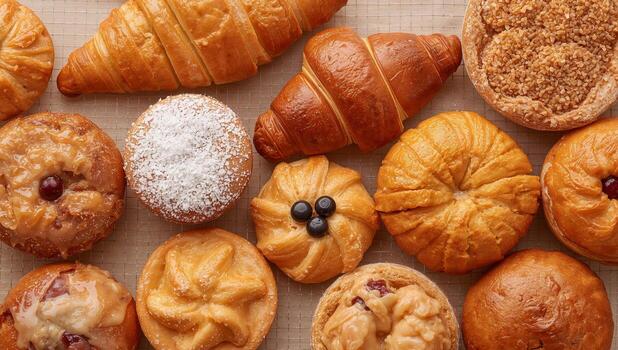 assorted baked goods still life featuring croissants buns and sweet pastries photo